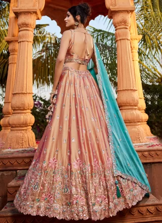 Beige and Peach Georgette Embroidered, Sequins and Zari Work A - Line Lehenga Choli for Ceremonial