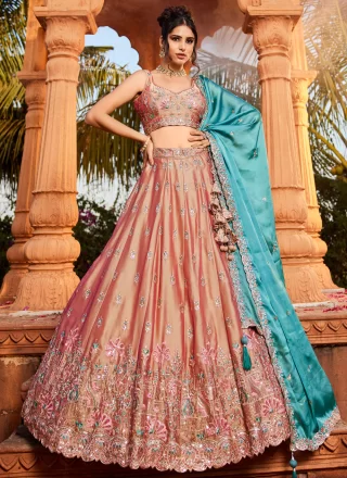 Beige and Peach Georgette Embroidered, Sequins and Zari Work A - Line Lehenga Choli for Ceremonial