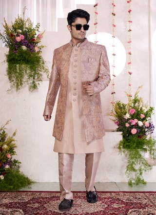 Beige and Pink Silk Indo Western with Embroidered Work