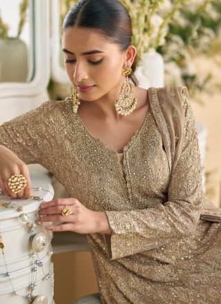 Beige and Purple Georgette Embroidered, Stone, Swarovski, Thread and Zari Work Salwar Suit for Engagement