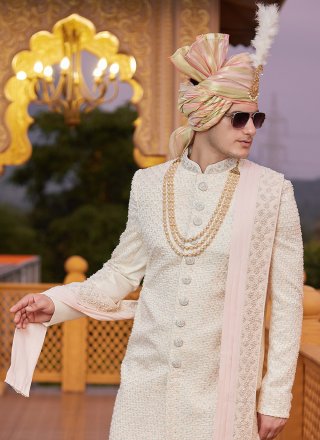 Beige Art Silk Hand Work Sherwani Mens Wear