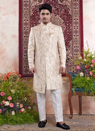 Beige Banarasi Jacquard Indo Western