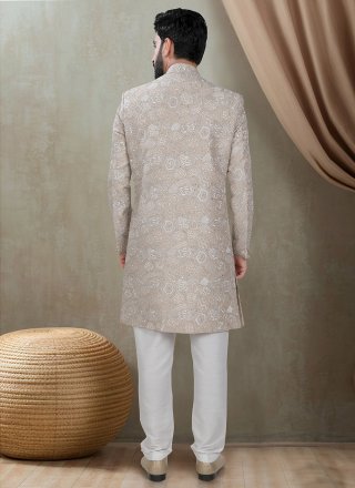 Beige Buttons and Print Work Silk Indo Western
