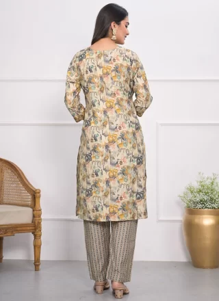 Beige Chanderi Designer Kurti with Embroidered and Print Work for Casual