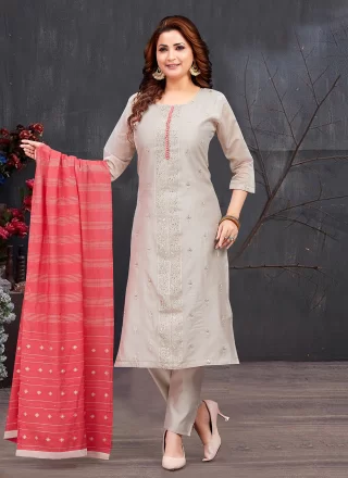 Beige Chanderi Silk Embroidered Work Salwar Suit