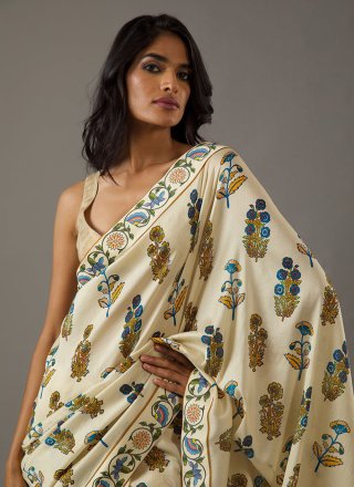 Beige Chiffon Contemporary Saree with Digital Print Work for Casual