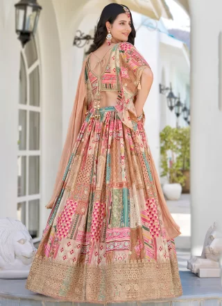 Beige Chinon A - Line Lehenga Choli with Digital Print, Dori, Embroidered and Zari Work
