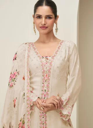 Beige Chinon Embroidered and Mirror Work Readymade Salwar Suit