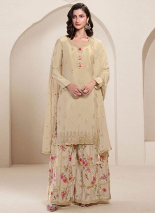 Beige Chinon Embroidered and Zari Work Salwar Suit for Festival