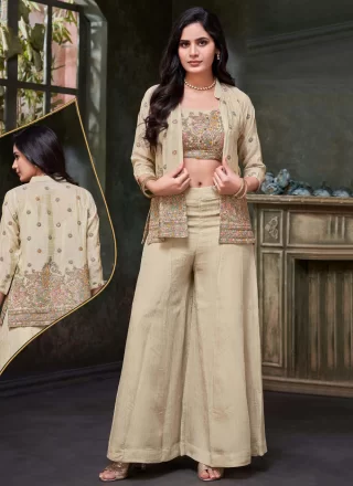 Beige Chinon Palazzo Salwar Suit with Embroidered and Fancy Work for Mehndi