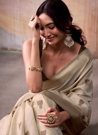 Beige Cotton Jacquard Work Contemporary Saree for Casual