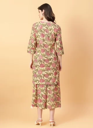 Beige Cotton Print Work Casual Kurti for Ceremonial