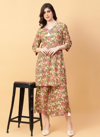 Beige Cotton Print Work Casual Kurti for Ceremonial