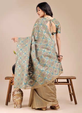 Beige Cotton Print Work Classic Sari for Casual