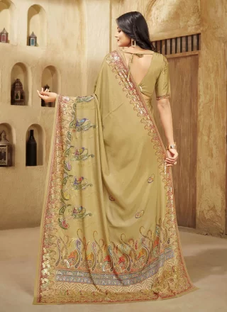 Beige Crepe Silk Digital Print Work Classic Saree for Ceremonial
