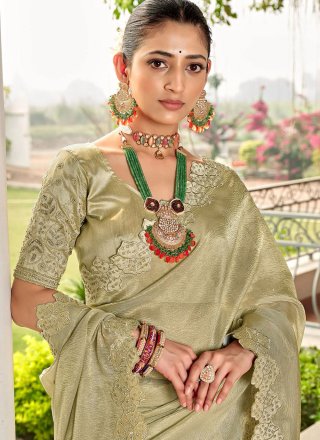 Beige Cut Dana and Cut Work Silk Contemporary Sari