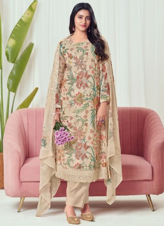 Beige Digital Print and Sequins Work Georgette Salwar Suit