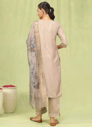 Beige Embroidered and Zari Work Silk Blend Readymade Salwar Suit