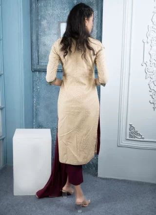 Beige Fancy and Print Work Handloom Silk Readymade Salwar Suit