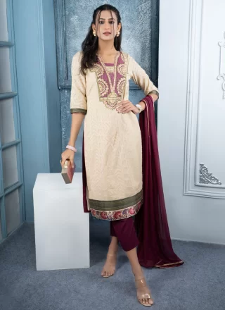 Beige Fancy and Print Work Handloom Silk Readymade Salwar Suit