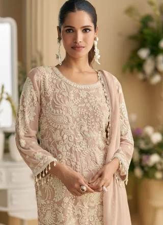 Beige Georgette Salwar Suit with Beads, Embroidered and Thread Work
