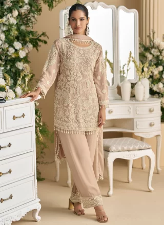 Beige Georgette Salwar Suit with Beads, Embroidered and Thread Work
