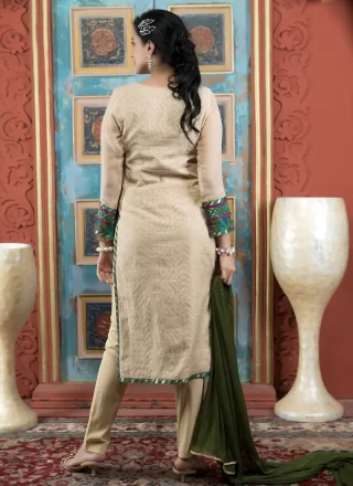 Beige Handloom Silk Pant Style Suit with Embroidered and Zari Work