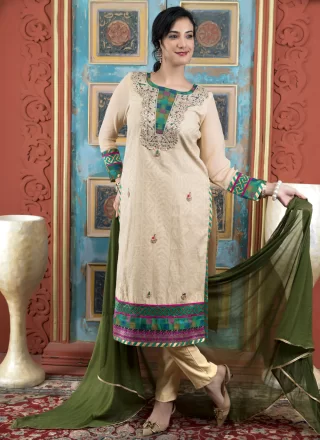 Beige Handloom Silk Pant Style Suit with Embroidered and Zari Work