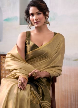 Beige Handloom Silk Plain Work Classic Sari