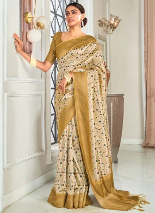 Beige Handloom Silk Weaving Work Contemporary Saree for Ceremonial