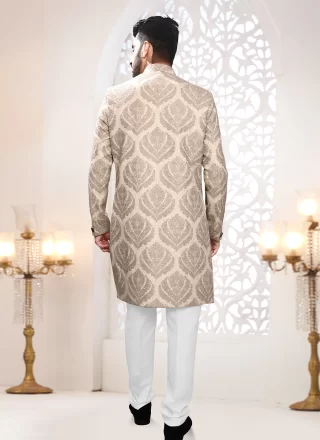 Beige Jacquard Indo Western with Woven Work