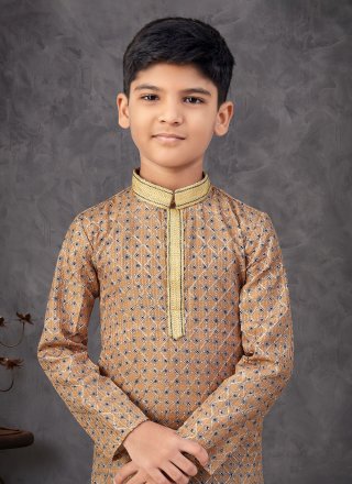Beige Jacquard Kurta Pyjama with Digital Print and Embroidered Work for Kid