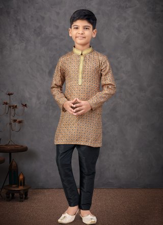 Beige Jacquard Kurta Pyjama with Digital Print and Embroidered Work for Kid