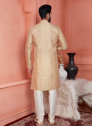 Beige Jacquard Silk Kurta Pyjama with Pintex Work