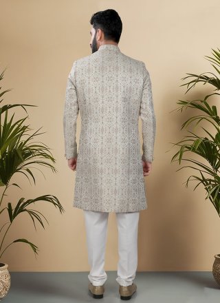 Beige Jacquard Woven Work Indo Western