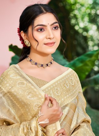 Beige Kanjivaram Silk Contemporary Saree with Weaving Work