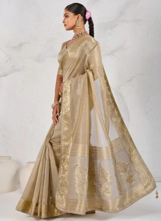 Beige Linen Designer Saree with Pearls, Thread, Woven and Zardosi Work for Ceremonial