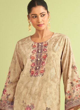 Beige Muslin Salwar Suit with Embroidered, Floral Patch, Resham and Thread Work for Ceremonial