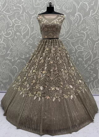 Beige Net Dori, Embroidered, Sequins, Thread and Zircon Work Lehenga Choli for Engagement