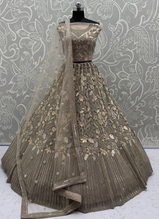 Beige Net Dori, Embroidered, Sequins, Thread and Zircon Work Lehenga Choli for Engagement