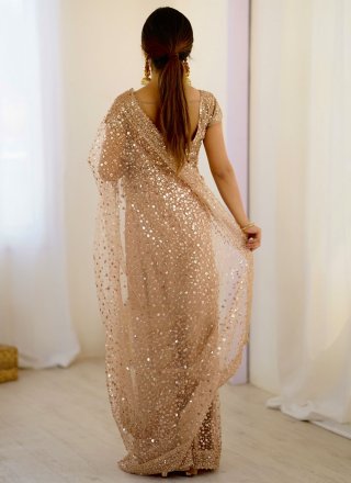 Beige Net Sequins and Thread Work Classic Sari