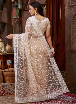 Beige Net Traditional Saree with Patch Border, Cut, Embroidered, Sequins, Stone and Thread Work