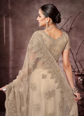 Beige Net Trendy Saree with Hand Work