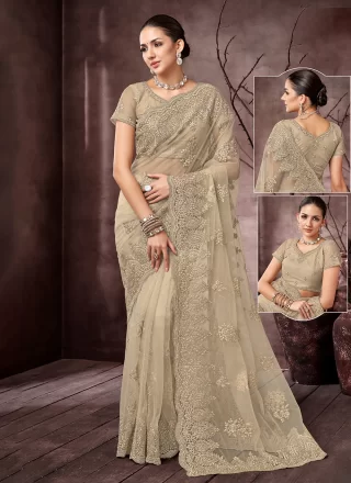 Beige Net Trendy Saree with Hand Work