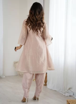 Beige Organza Casual Kurti with Beads and Embroidered Work for Women
