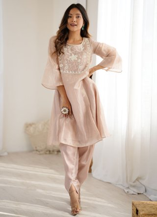 Beige Organza Casual Kurti with Beads and Embroidered Work for Women
