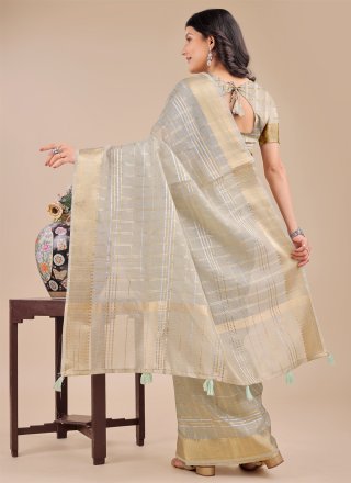 Beige Organza Checks and Jacquard Work Classic Sari