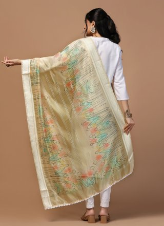Beige Organza Digital Print and Woven Work Dupatta Dupatta for Festival