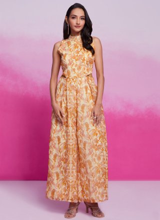 Beige Organza Print Work Casual Kurti for Ceremonial