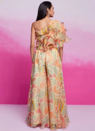 Beige Organza Print Work Party Wear Kurti for Ceremonial